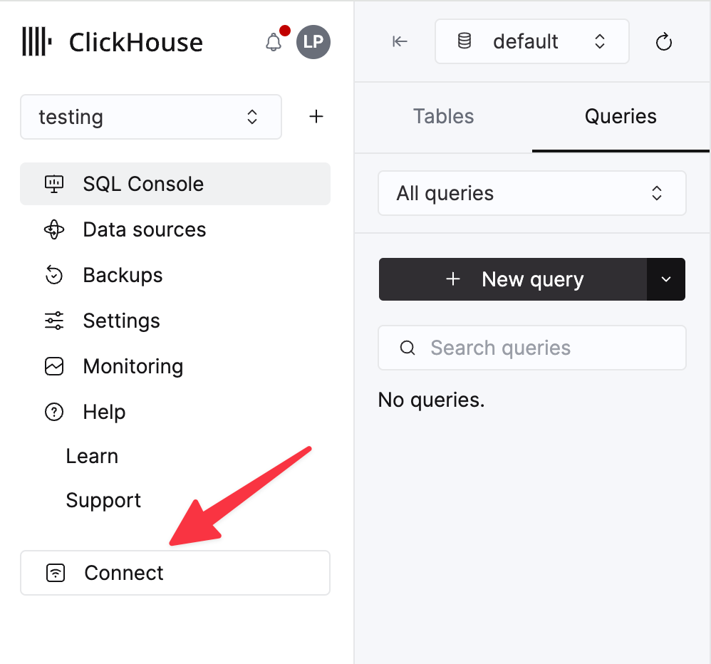 ClickHouse Cloud service connect button - Zoomed
