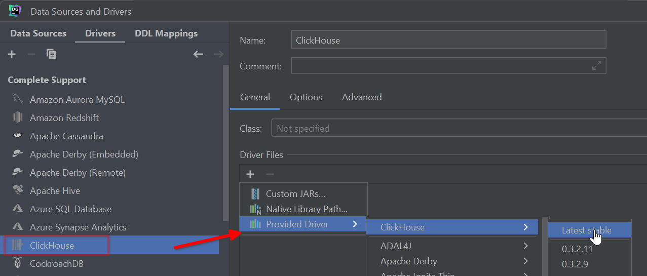 DataGrip Drivers tab showing ClickHouse driver installation - Zoomed