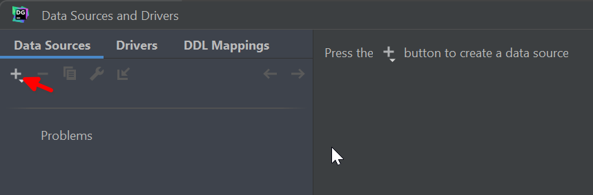 DataGrip Data Sources tab with + icon highlighted - Zoomed