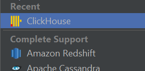 DataGrip selecting ClickHouse from the data sources list - Zoomed