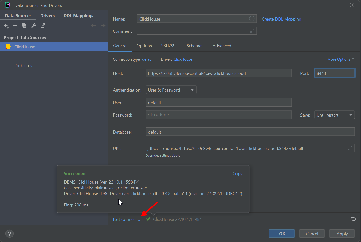 DataGrip connection details form with ClickHouse settings - Zoomed